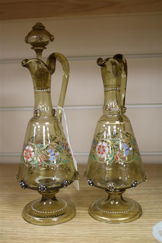 Two Bohemian enamelled glass liqueur jugs and four hock style liqueurs ewer 26cm